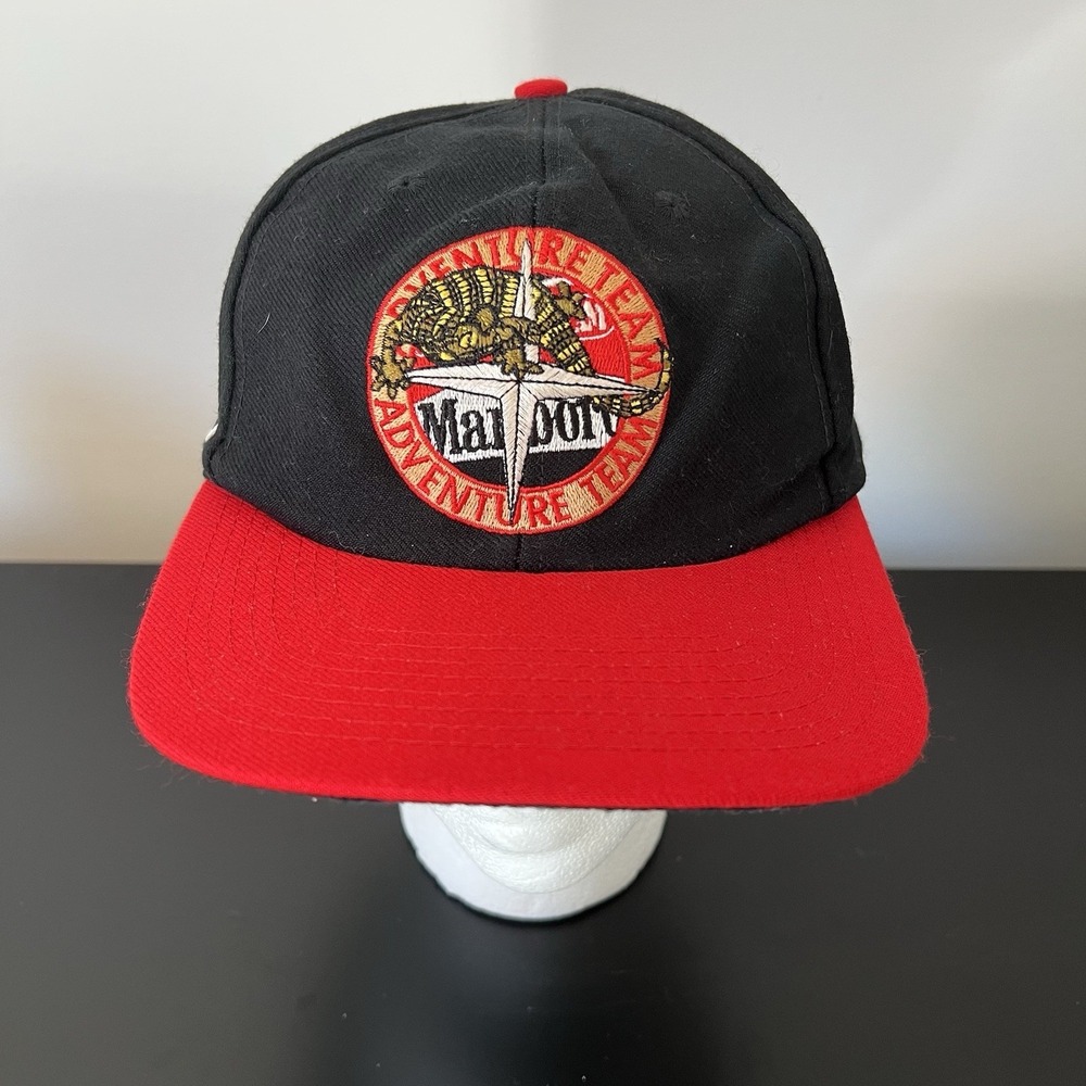 Vintage 90s Marlboro Hat Adventure Team Lizard Compass Mens Black/Red Strapback